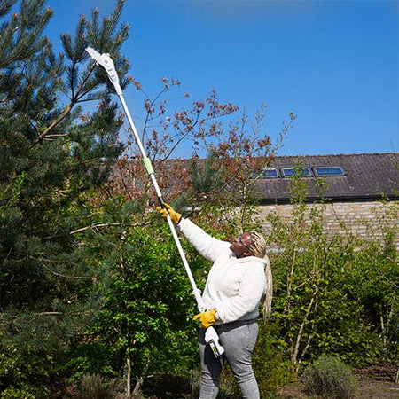 Woman using cordless pole trimmer