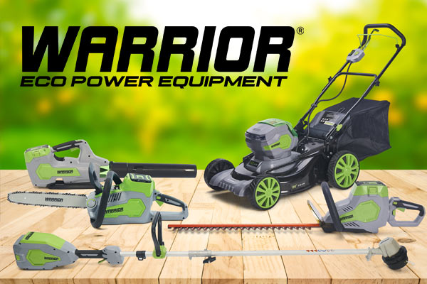 Cordless garden tools on a wooden deck with Warrior Eco Logo