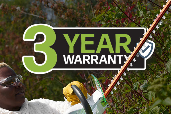 3 year warranty icon with woman and hedge trimmer.